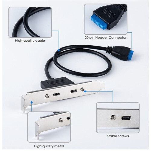 USB 3.0 Front Panel Header 19/20Pin Male to 2 USB C Female Chassis Back Panel Port Extension Cable with Bracket 1