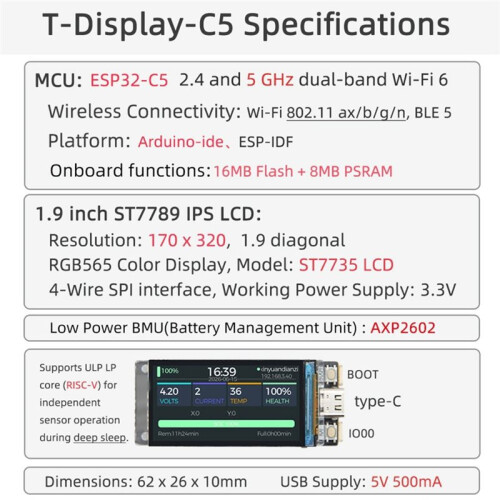 T-Display C5 ESP32-C5 Development Board WiFi 6 BLE 5 IoT Display Module 1.9 Inch IPS LCD 16MB Flash 8MB PSRAM