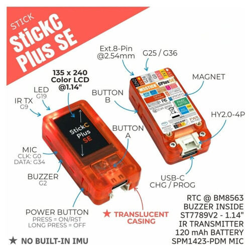 M5STACK Placa de Desenvolvimento  IoT StickC- SE com LCD Colorido de 1,14 Polegadas, Wi-Fi de 2,4 GHz, Versão Leve Do StickC- 1