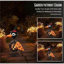 Wrought Iron Crow and Pumpkin Ornament Halloween Decor with Led Candle Holder for Mantel Tabletop Shelf Garden Pathway