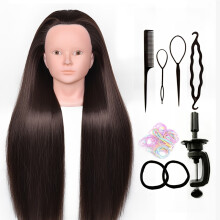 (C) Training Head 60cm Hairdresser Styling Head Synthetic Fiber Hair Styling Head, Hairdressing Headband Clip And Braid Set,