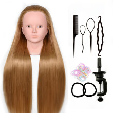 (D) Training Head 60cm Hairdresser Styling Head Synthetic Fiber Hair Styling Head, Hairdressing Headband Clip And Braid Set,