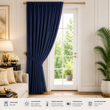 (Blue) 100% Blackout Door Curtain Plain Pencil Pleat Curtain with Tieback