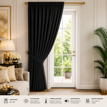 (66" x 84" (168cm x 213cm)-Door Curtain, Black Pencil Pleat) 100% Blackout Curtains Plain Pencil Pleat & Ringtop Curtain Pair with Tiebacks