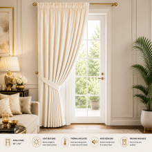 (66" x 84" (168cm x 213cm)-Door Curtain, Cream Pencil Pleat) 100% Blackout Curtains Plain Pencil Pleat & Ringtop Curtain Pair with Tiebacks
