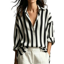Women's Striped Button Down Shirt Long Sleeve-Black XXL