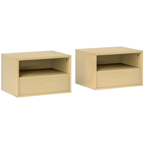 Wall Mounted Bedside Table Set, 2 Pieces, Natural Finish