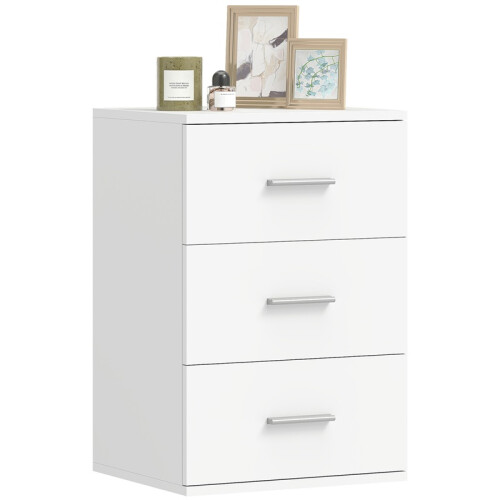 White MDF Nightstand with 3 Drawers for Bedroom Storage