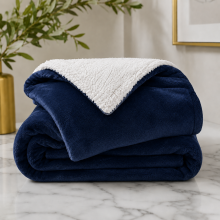 (Navy Blue, Single (130 x 150 cm)) Luxury Super Soft Sherpa Fleece Blanket Faux Fur Sofa Mink Warm Thick Reversible Throw
