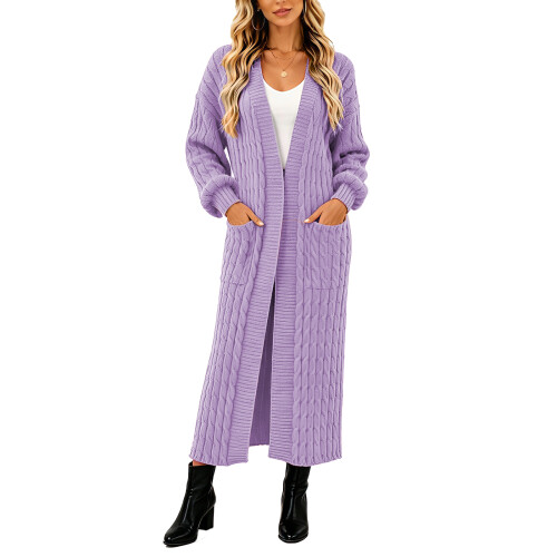 Women's Thin Type Stylish Cable Knit Cardigan with-Purple S