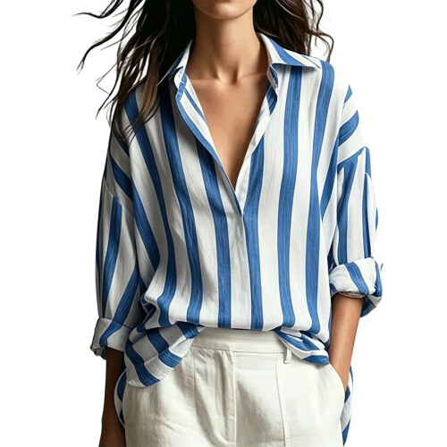 Women's Striped Button Down Shirt Long Sleeve Collared-Blue L