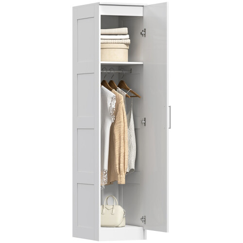Witte kledingkast met kledingstang en soft-close deur.