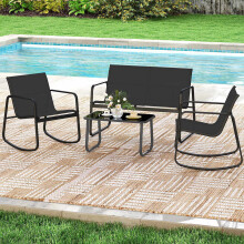 4-delige tuinset, schommelstoelen, glazen tafel, zwart