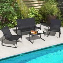 Conjunto de lounge externo de 4 peças, 2 cadeiras, sofá de dois lugares, mesa de vidro