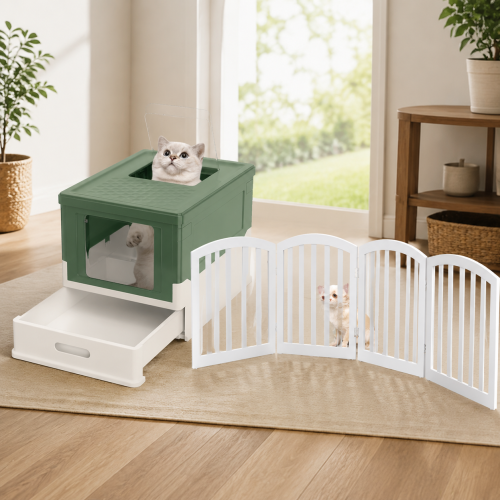 Small Pet Home Set (2-Piece) – Foldable 4-Panel Pet Gate & Green Cat Litter Box 1