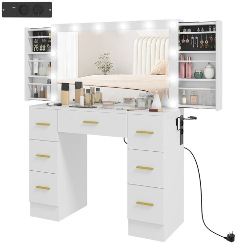 Kaptafel met spiegel, 12 ledlampjes, 7 lades, wit 1