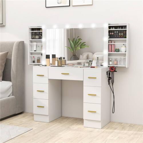 Kaptafel met spiegel, 12 ledlampjes, 7 lades, wit 2