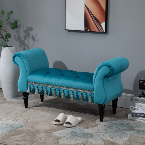 HOMCOM Velvet Upholstered Bench with Armrest, Blue 2