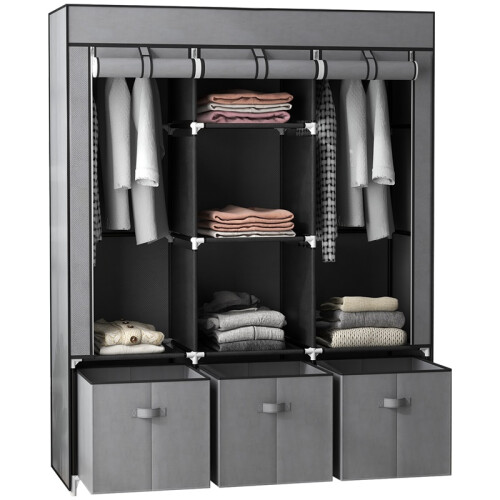 Grey Folding Fabric Wardrobe with 3 Drawers Storage Cabinet