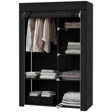 Black Fabric Wardrobe with 6 Shelves and Clothes Rail