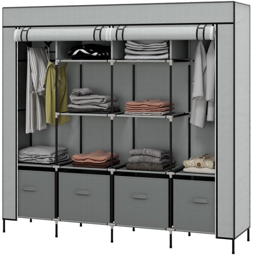 Grey Fabric Wardrobe with Doors 2 Rails and 10 Compartments