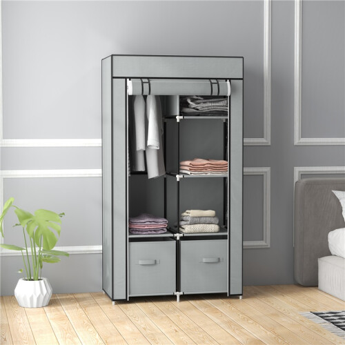 Grey Fabric Wardrobe with Clothes Rail and 2 Drawers 2