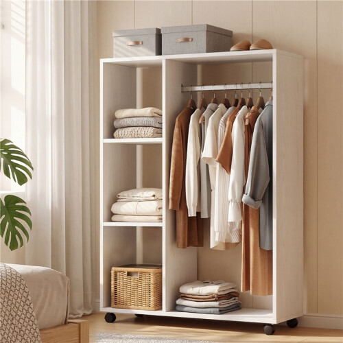 White Mobile Wardrobe Rack with Wheels and Clothes Rail 2