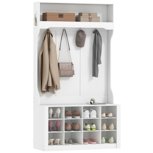 White Wardrobe with Shelf Bench Hooks and Shoe Storage