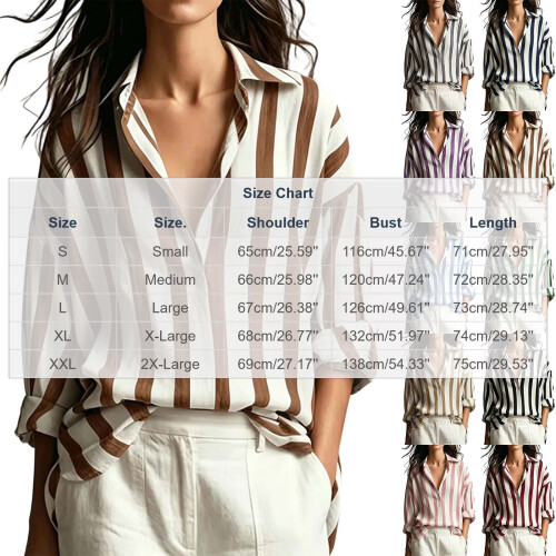 Women's Striped Button Down Shirt Long Sleeve-Navy Blue M 1