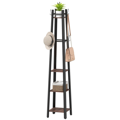 4 Tier Coat Rack with 8 Hooks and Storage Shelves Brown 1