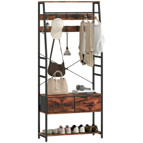 Wardrobe with Shoe Rack Bench Hooks and Clothes Rail Brown