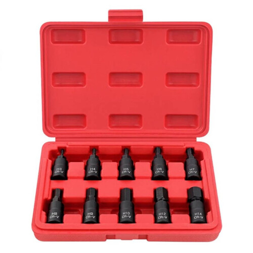 10PC 3/8" Drive Socket Set H3-14/T20-60 with Red Case, Professional Torx/Hex Tool Kit for Auto Maintenance Hex Type
