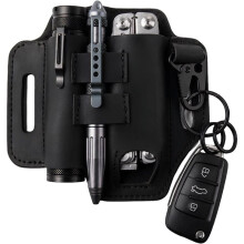 Multitool Hoes voor Riem - Zak & Leren Case met Zaklamp Houder, Penlus & Sleutelhanger Clip voor Mannen Zwart