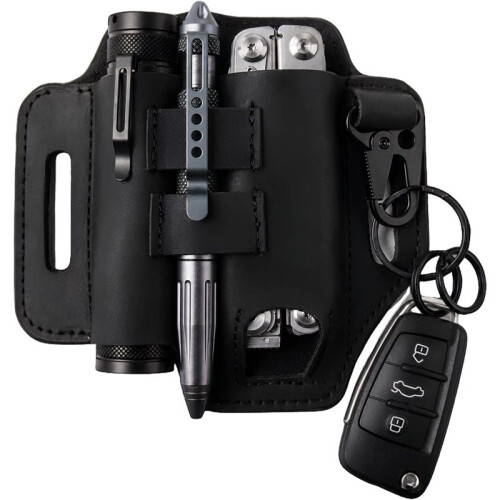 Multitool Sheath for Belt - Pouch & Leather Case with Flashlight Holder,Pen Loop & Keychain Clip for Men Black