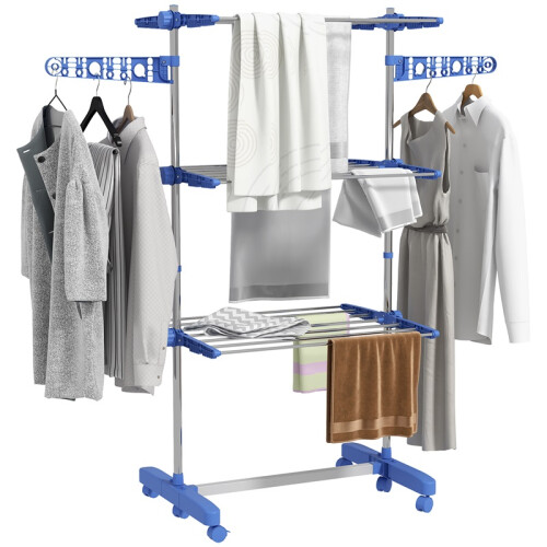 Foldable Clothes Drying Rack 4 Tier One Click System Blue Silver