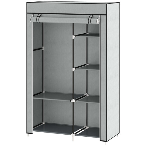 Light Grey Fabric Wardrobe with 6 Shelves and Clothes Rail 1
