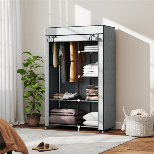 Light Grey Fabric Wardrobe with 6 Shelves and Clothes Rail 2