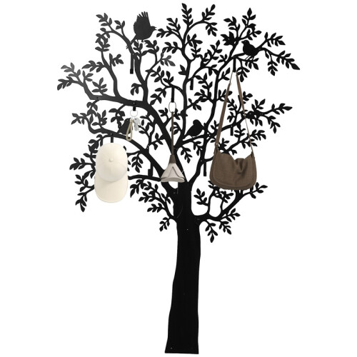 Black Wall Mounted Coat Rack with Tree Design and Bird Hooks 1