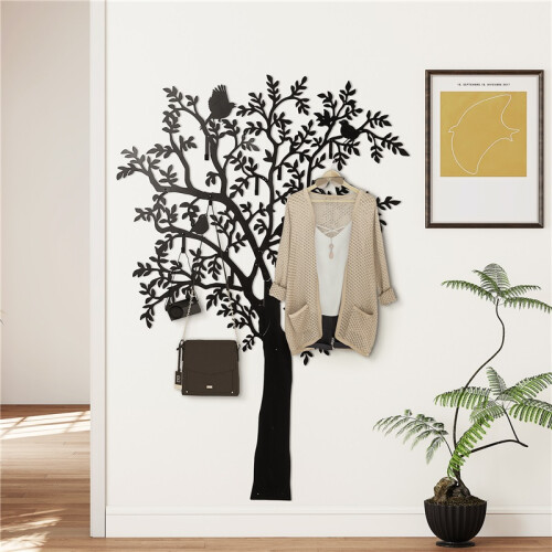 Black Wall Mounted Coat Rack with Tree Design and Bird Hooks 2