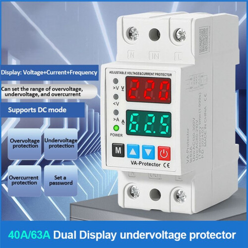 63A AC130-300V Din Rail Dual Display Adjustable over Voltage Current and Under Voltage Protective Device Protector Relay 1