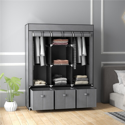 Grey Folding Fabric Wardrobe with 3 Drawers Storage Cabinet 2