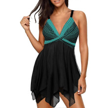 Costum de baie tankini pentru femei, cu imprimeu din plasă, cu control al abdomenului