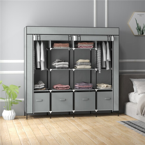 Grey Fabric Wardrobe with Doors 2 Rails and 10 Compartments 2