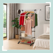 Adjustable Double Rod Clothes Rack with Shelf