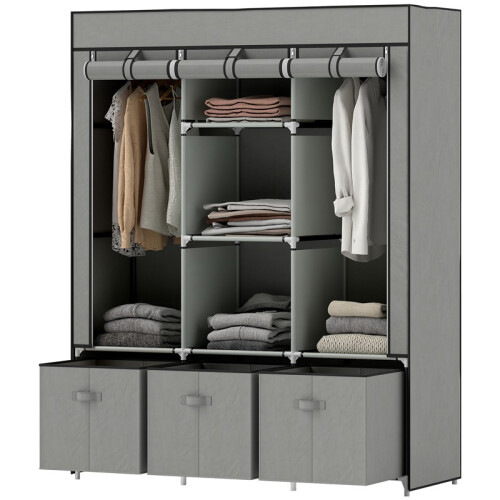 Light Grey Fabric Wardrobe with 3 Drawers and Clothes Rail 1