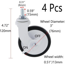 Roues Pivotantes de 3 Pouces avec Roues Silencieuses en PP, Pack de 4 Tiges Filetées M8x15mm pour Chariot, Meubles et Établi