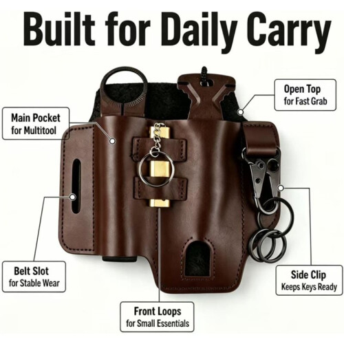 Multitool Sheath for Belt - Pouch & Leather Case with Flashlight Holder,Pen Loop & Keychain Clip for Men Brown 2