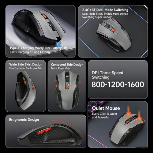 Mouse da Gioco Silenzioso Wireless Dual Mode BT&2.4G, Ergonomico con 6 Pulsanti e DPI Regolabile, per PC e Notebook 2