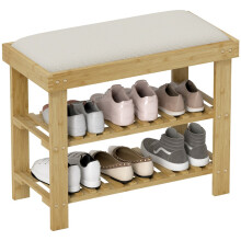 Bamboo Shoe Bench with Storage Compartments Cream White