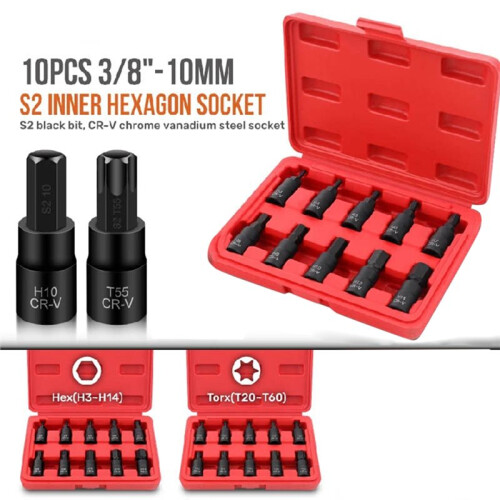 10PC 3/8" Drive Socket Set H3-14/T20-60 with Red Case, Professional Torx/Hex Tool Kit for Auto Maintenance Hex Type 2